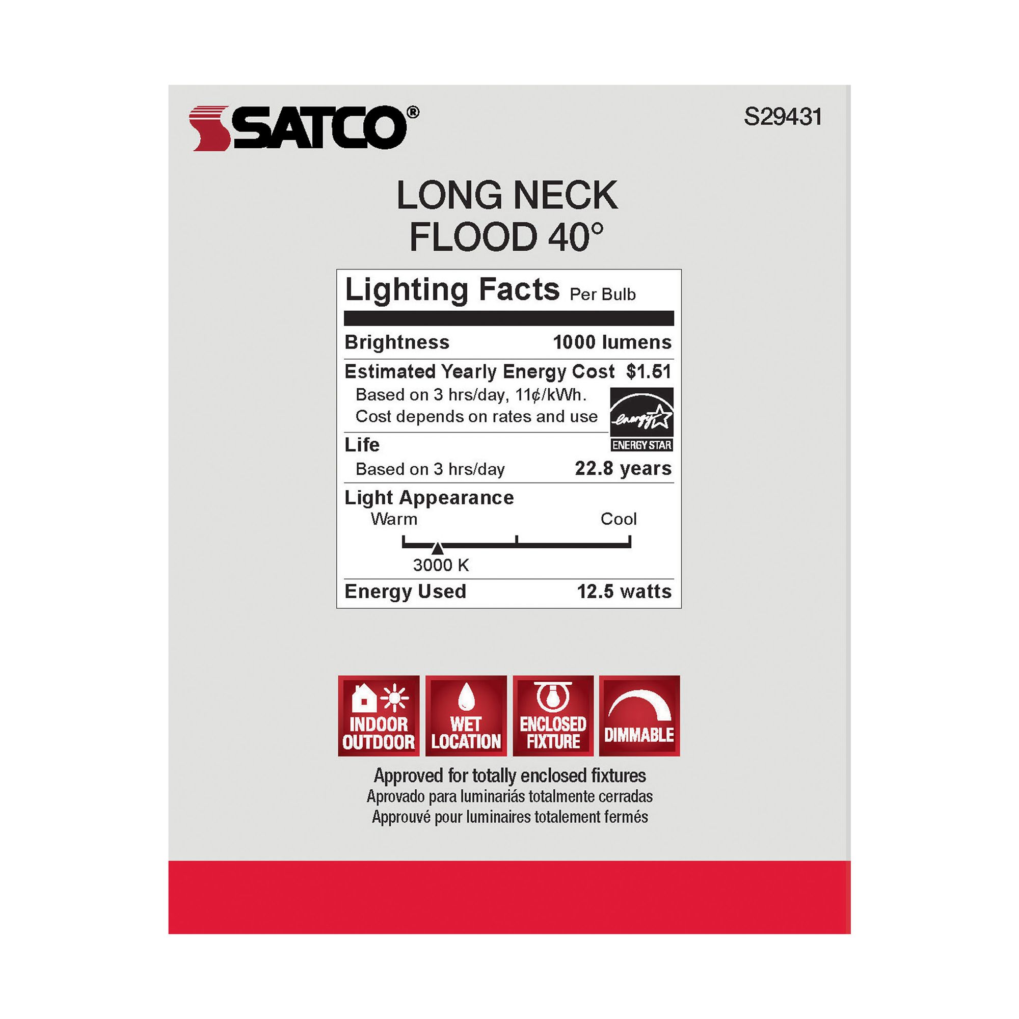 75W Equivalent Satco Clear 12.5W 3000K LED Dimmable E26 Bulb in scene