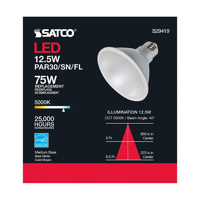 Image 5 75W Equivalent Satco Clear 12.5W LED Dimmable E26 PAR30SN more views