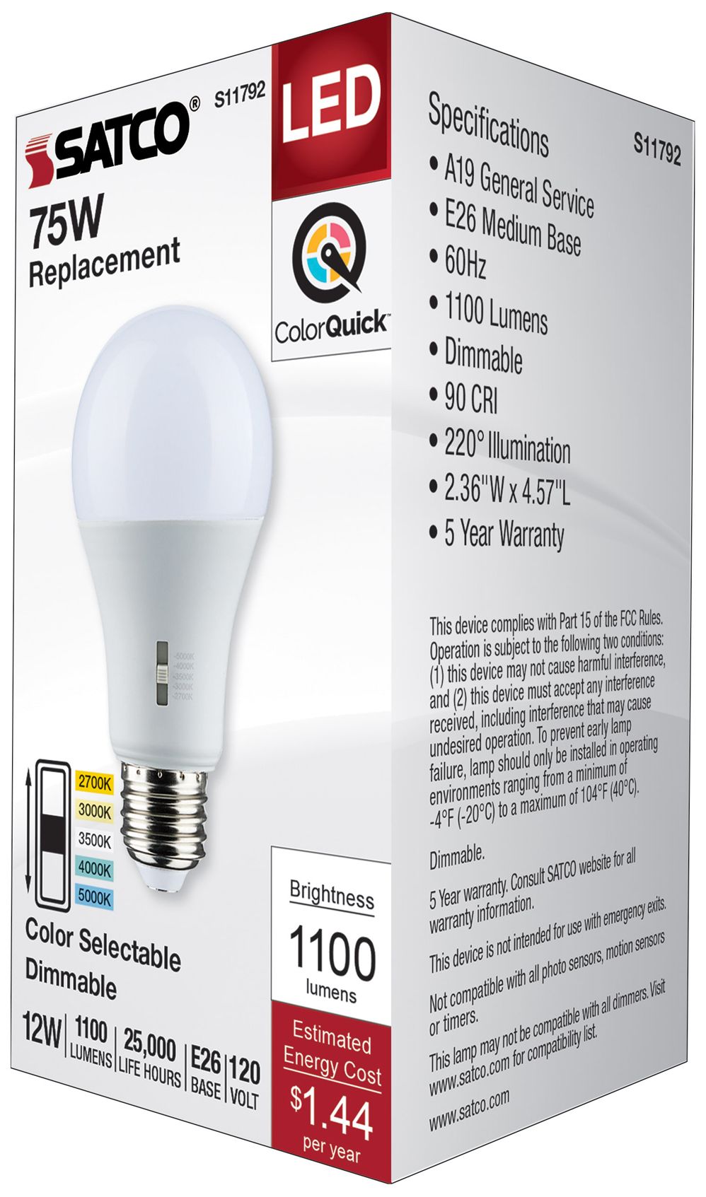 Image 6 75W Equivalent Satco Frost 12W LED Dimmable Standard A19 6-Pack more views