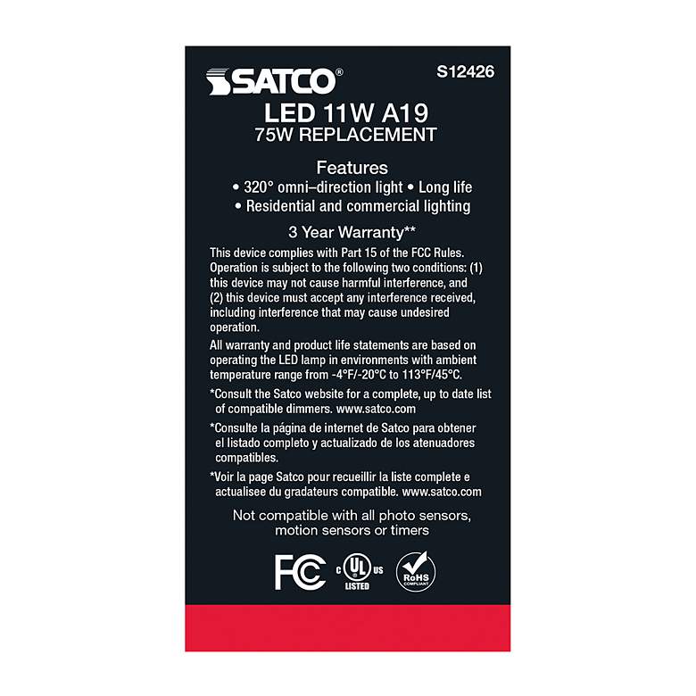 Image 5 75W Equivalent Satco Soft White 11W LED Dimmable Standard more views