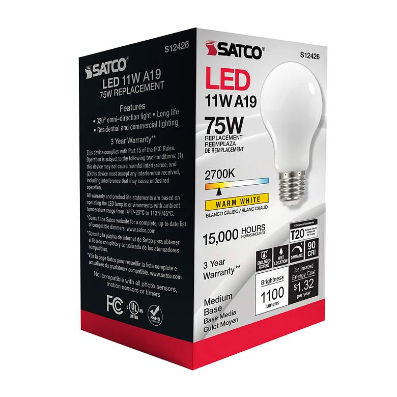 Image 7 75W Equivalent Satco Soft White 11W LED Dimmable Standard more views