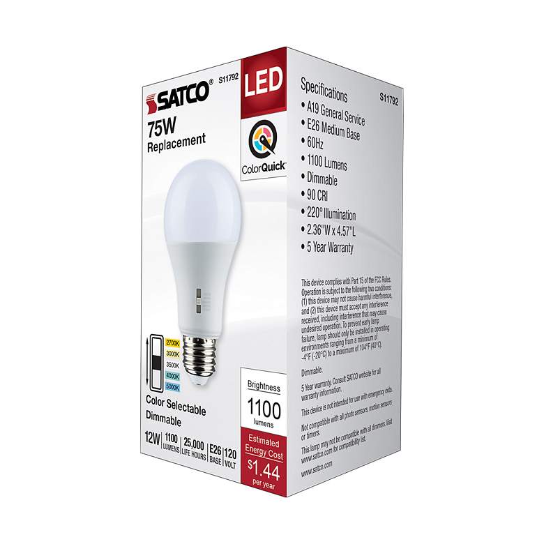 Image 6 75W Equivalent Satco White 12W LED Dimmable Standard Bulb more views