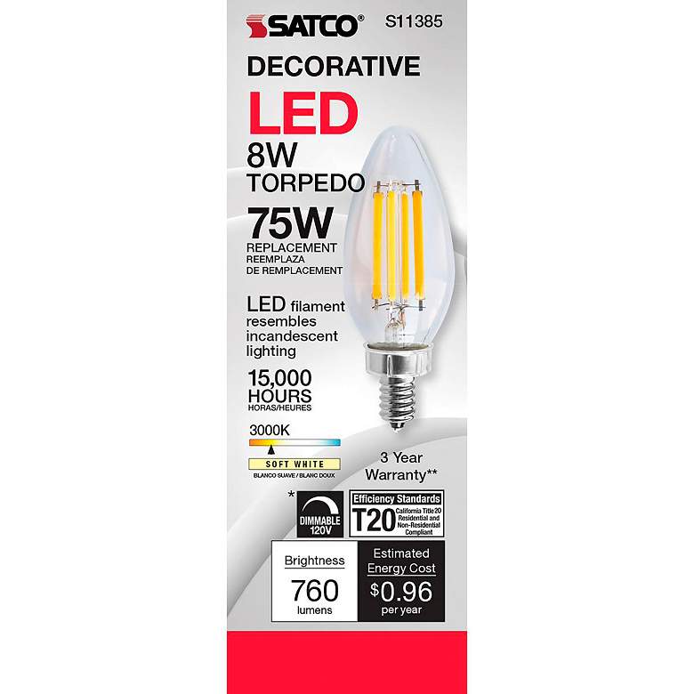 Image 2 75W Equivalent Torpedo 8W LED Dimmable Clear Candelabra Bulb by Satco more views