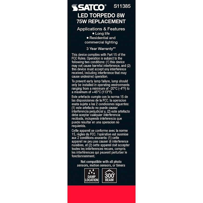 Image 4 75W Equivalent Torpedo 8W LED Dimmable Clear Candelabra Bulb by Satco more views