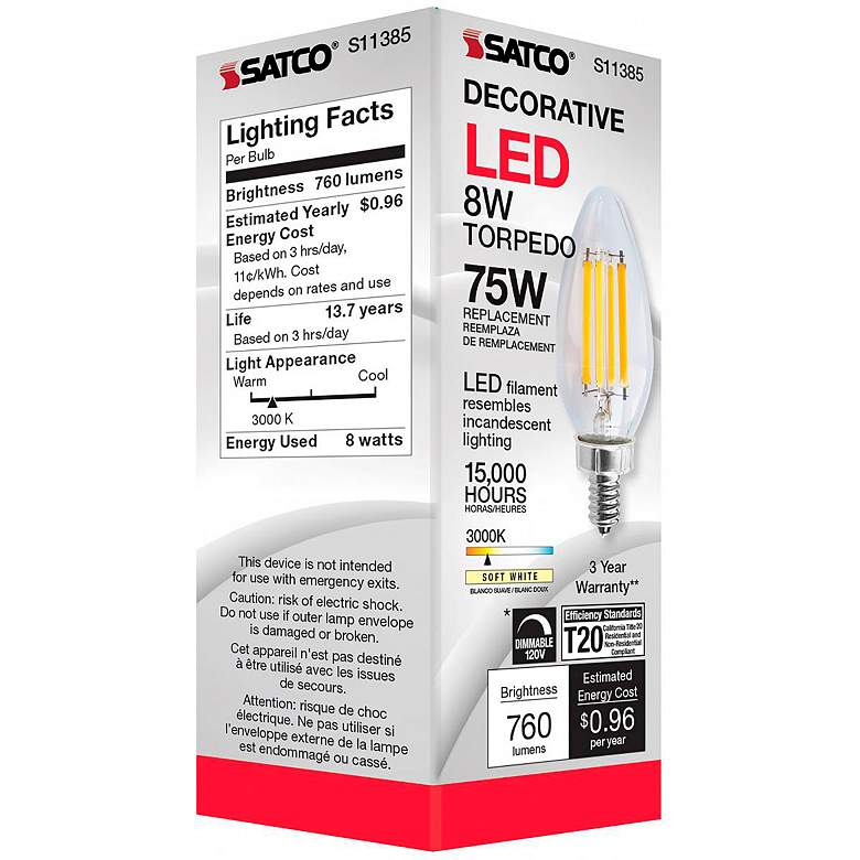 Image 7 75W Equivalent Torpedo 8W LED Dimmable Clear Candelabra Bulb by Satco more views