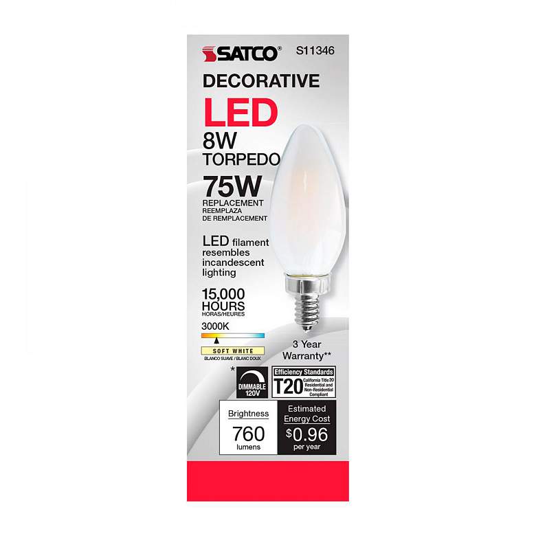 Image 3 75W Equivalent Torpedo 8W LED Dimmable Frosted Candelabra Bulb by Satco more views