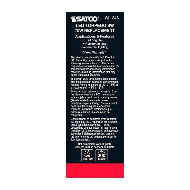 Image 5 75W Equivalent Torpedo 8W LED Dimmable Frosted Candelabra Bulb by Satco more views