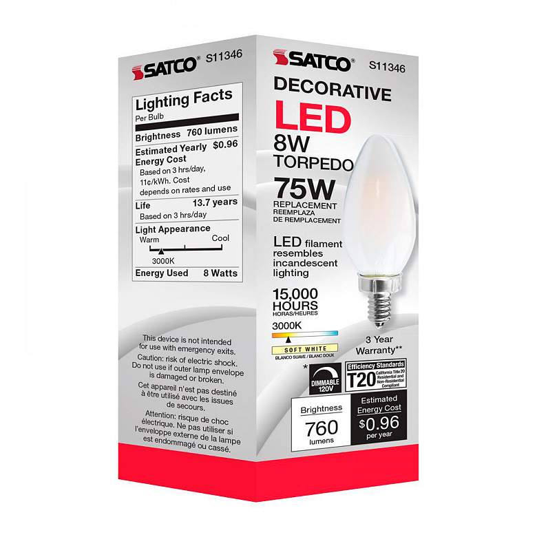 Image 7 75W Equivalent Torpedo 8W LED Dimmable Frosted Candelabra Bulb by Satco more views
