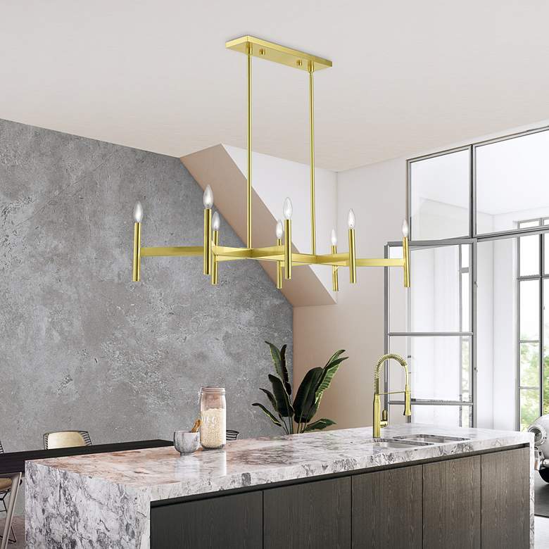 Image 1 8 Light Satin Brass Linear Chandelier in scene