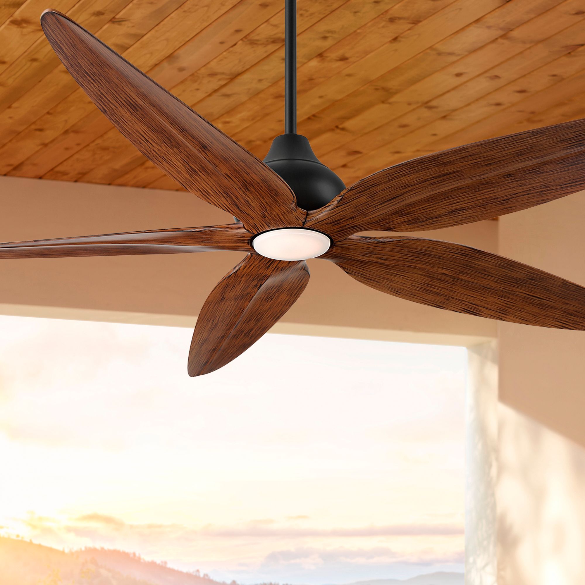 Watch A Video About the Casa Vieja Lotus Bay Black and Walnut Damp Remote LED Ceiling Fan