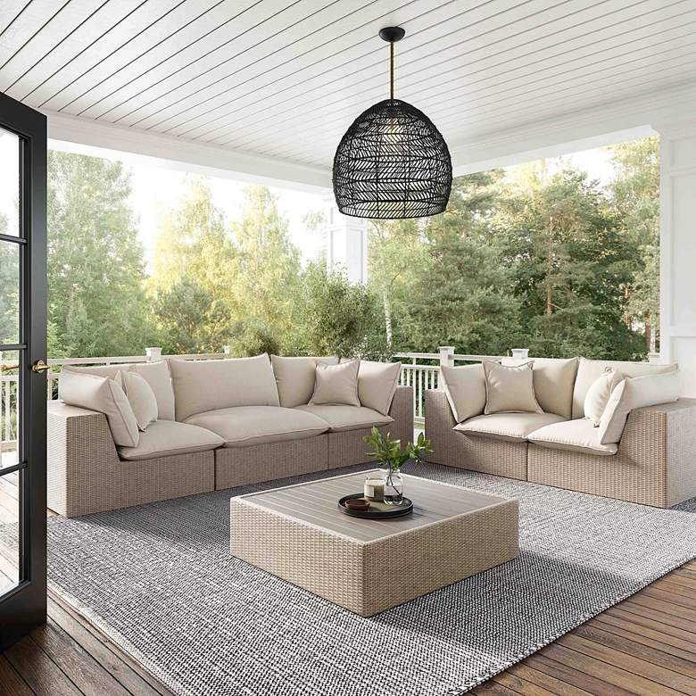 Image 1 TOV Cali 119 3/4" Wide Natural Faux Wicker Outdoor Modular Sofa in scene