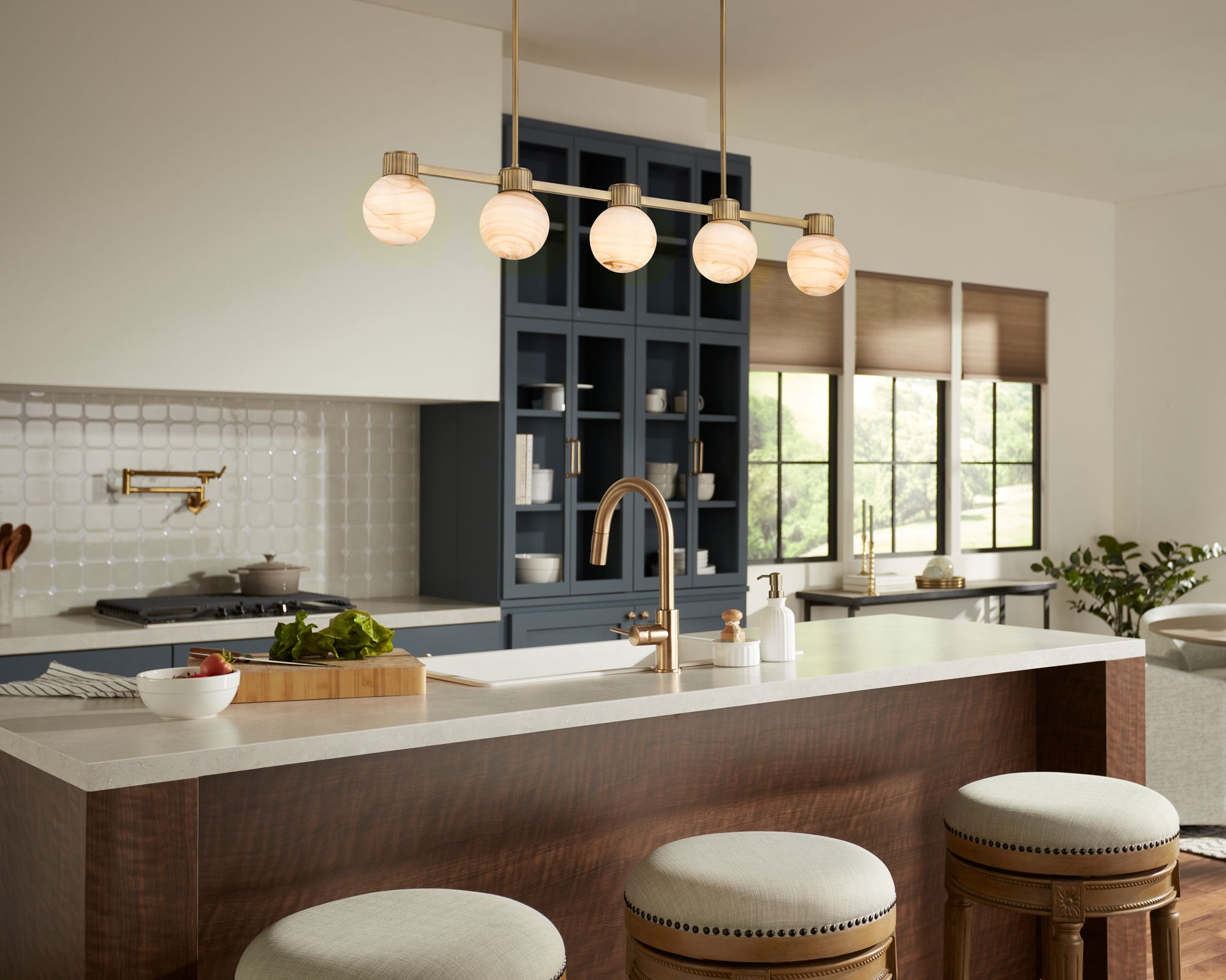 Image 1 Possini Euro Jupiter 45"W Brass and Glass 5-Light Linear Chandelier in scene