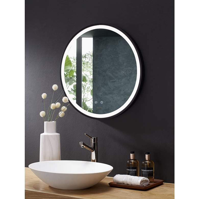 Image 1 Cirque Matte Black 24" Round LED Lighted Wall Mirror in scene