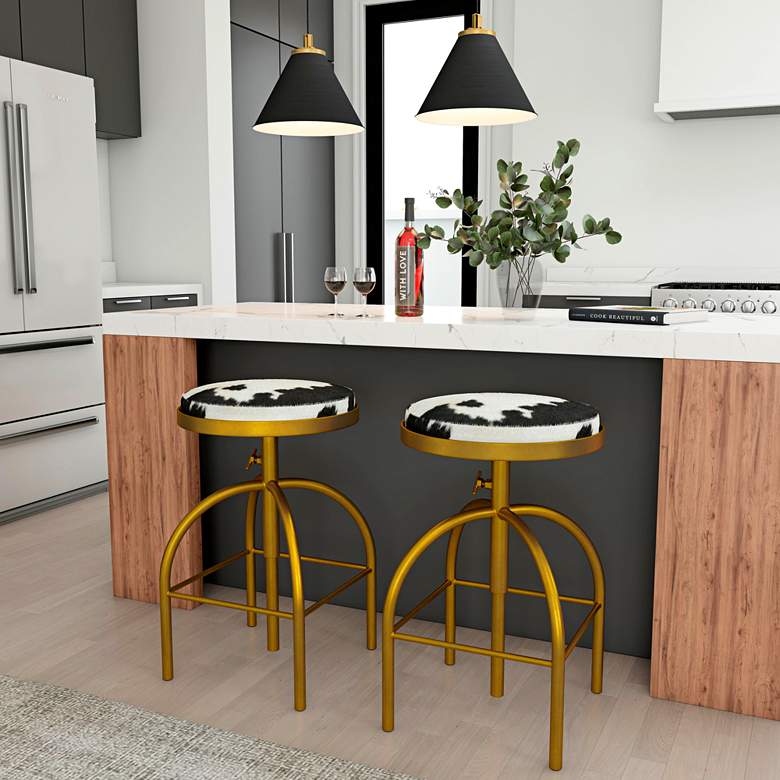 Image 1 Grogan Cow Leather and Gold Modern Adjustable Swivel Bar Stool in scene