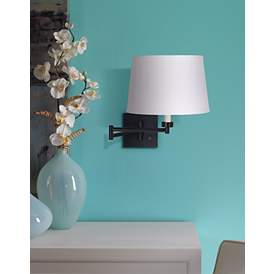 Image1 of Franklin Iron Works Espresso and White Linen Plug-Ine Swing Arm Wall Lamp in scene