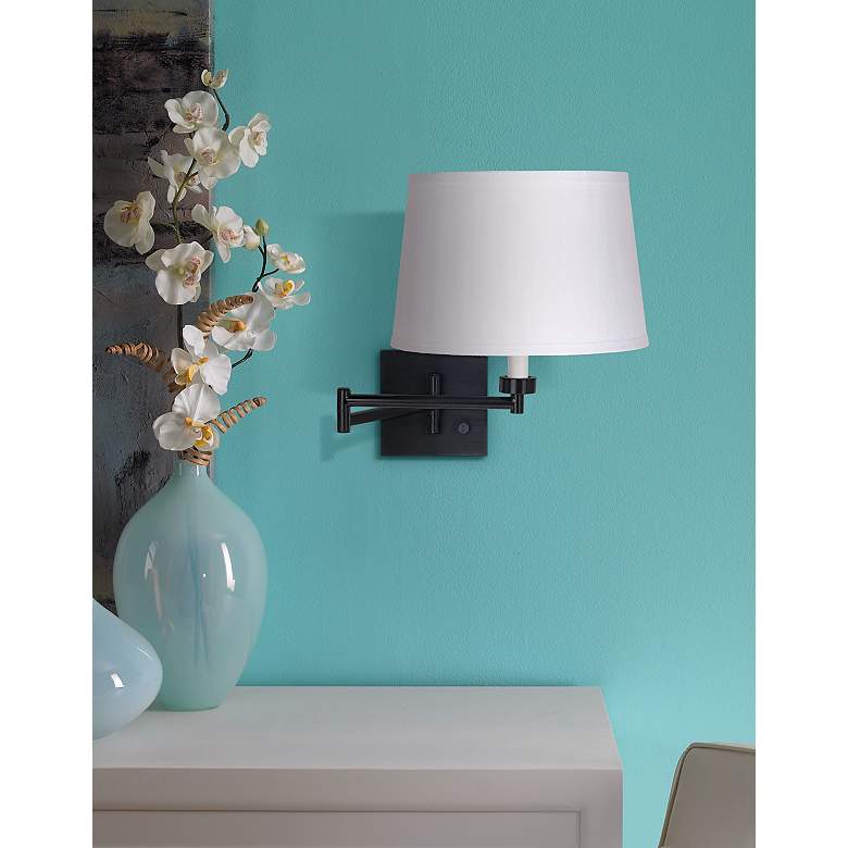 Image 1 Espresso with White Linen Shade Swing Arm Wall Lamp in scene