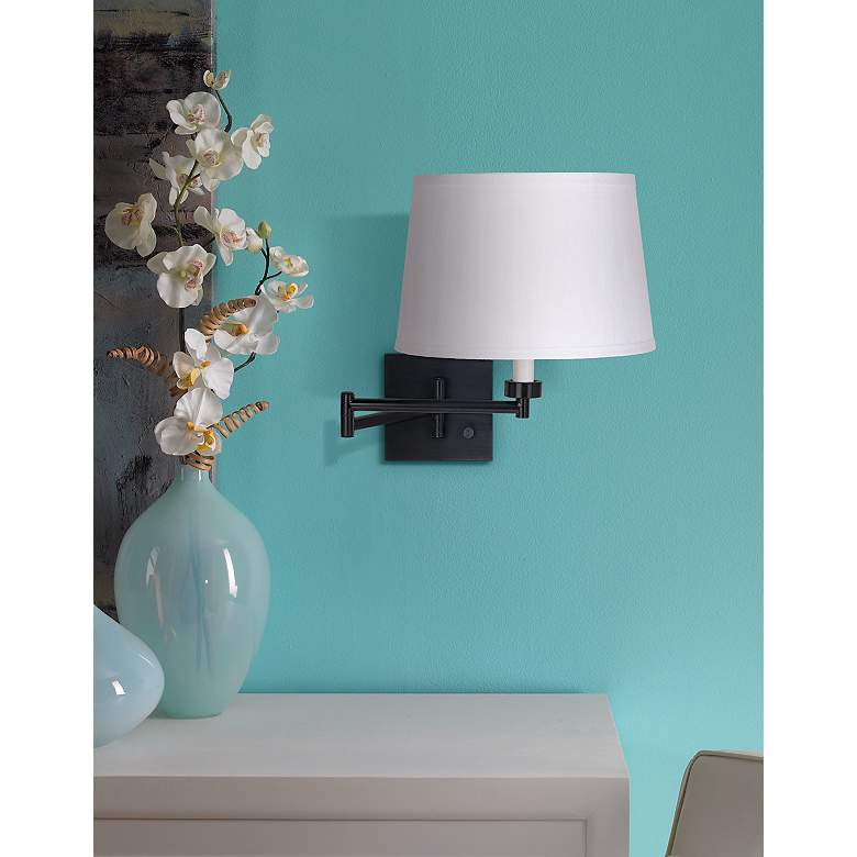 Image 1 Franklin Iron Works Espresso and White Linen Plug-In Swing Arm Wall Lamp in scene