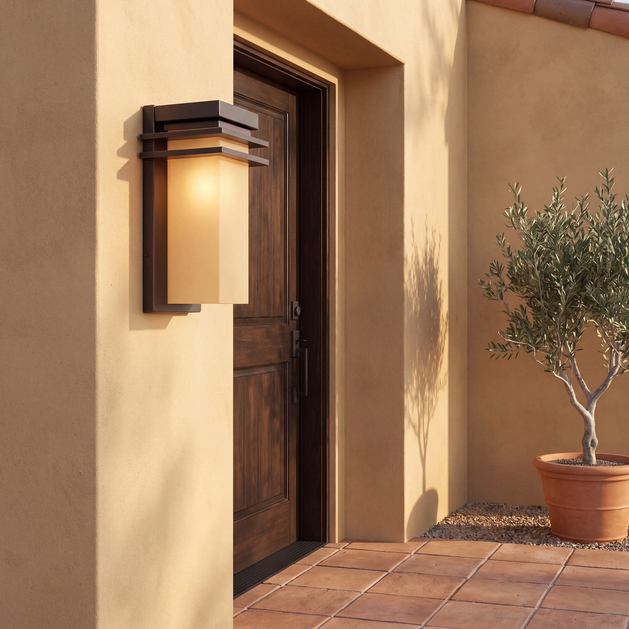 Image 1 Franklin Iron  Bernadine 12" Bronze and Amber Glass Outdoor Wall Light in scene