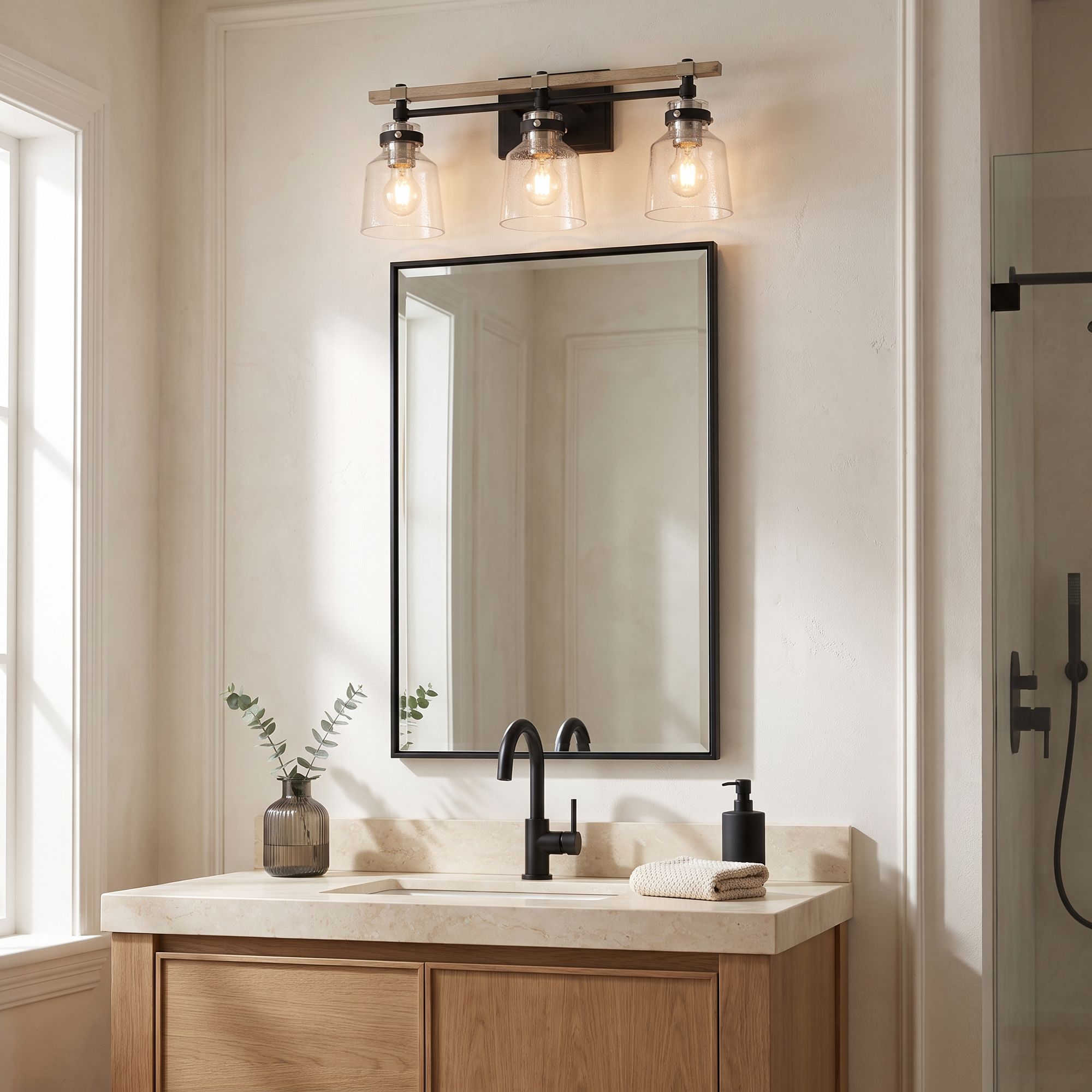 Image 1 Possini Broadway 23" Wide Black and Painted Wood 3-Light Bath Light in scene
