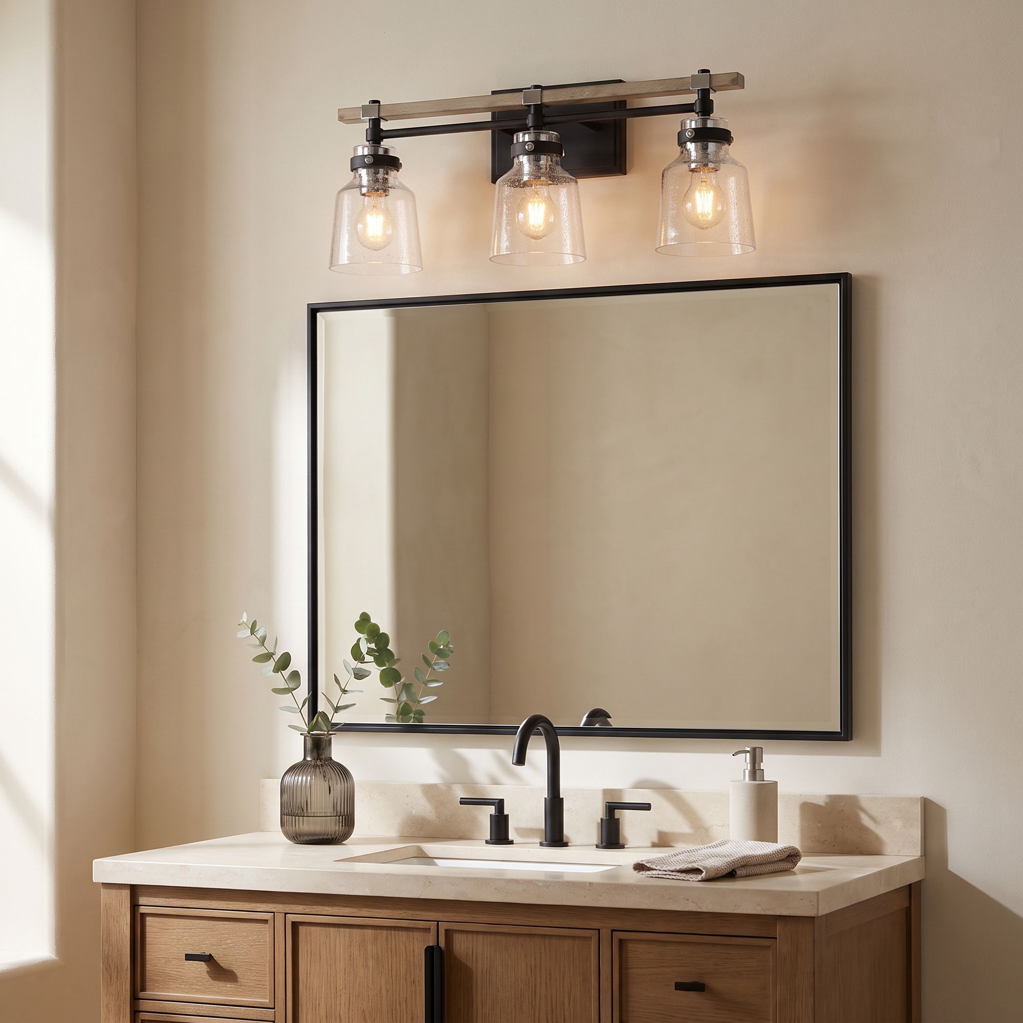 Possini Broadway 23" Wide Black and Painted Wood 3-Light Bath Light in scene