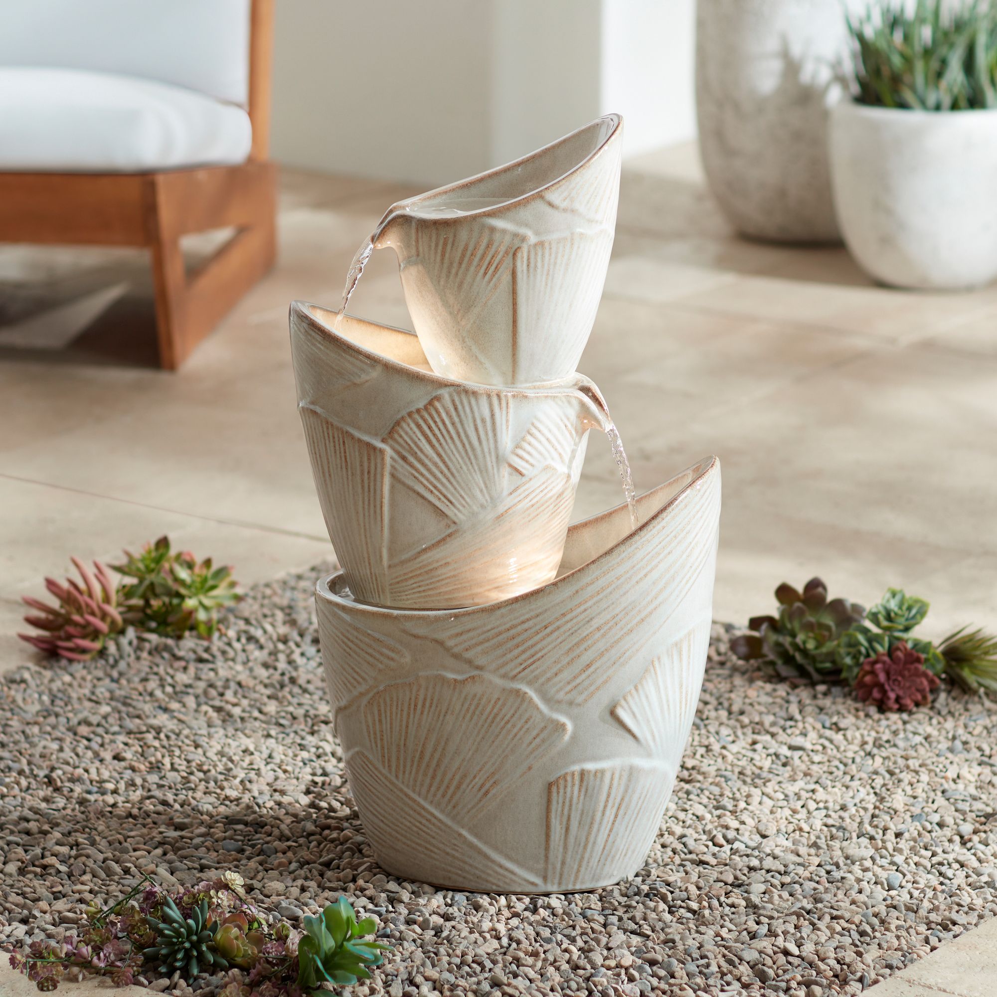 Image 1 Coquina 30" High Three Urn Modern Coastal Cascading LED Fountain in scene