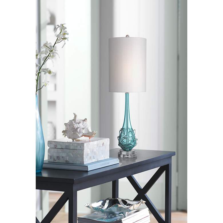 Possini Euro Dinah Modern Blue Art Glass Table Lamp in scene