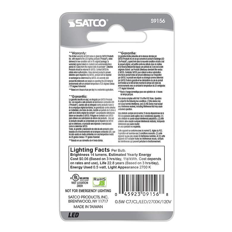 Image 4 7W Equivalent Satco Clear 0.5W LED Non-Dimmable Candelabra more views