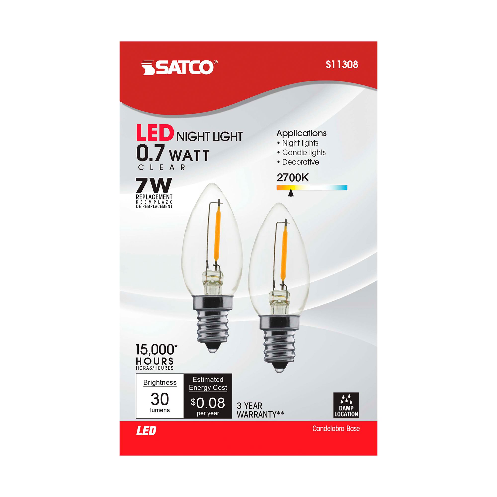 Image 5 7W Equivalent Satco Clear 0.7W LED Non-Dimmable E12 2-Pack more views