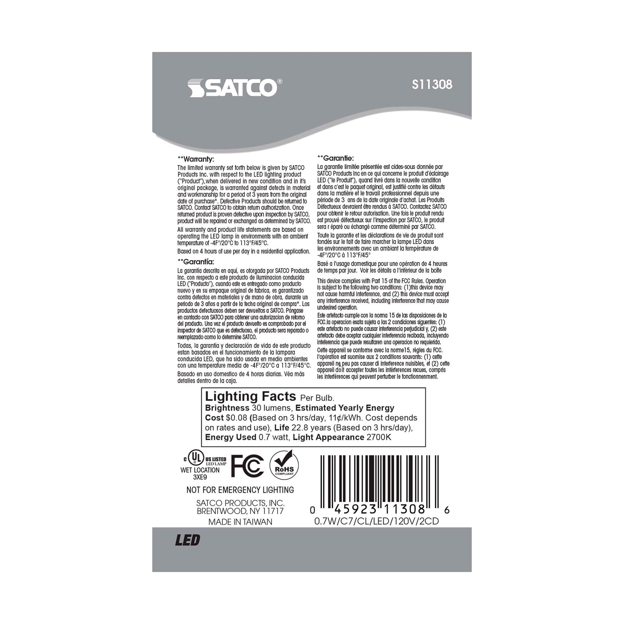 Image 6 7W Equivalent Satco Clear 0.7W LED Non-Dimmable E12 2-Pack more views