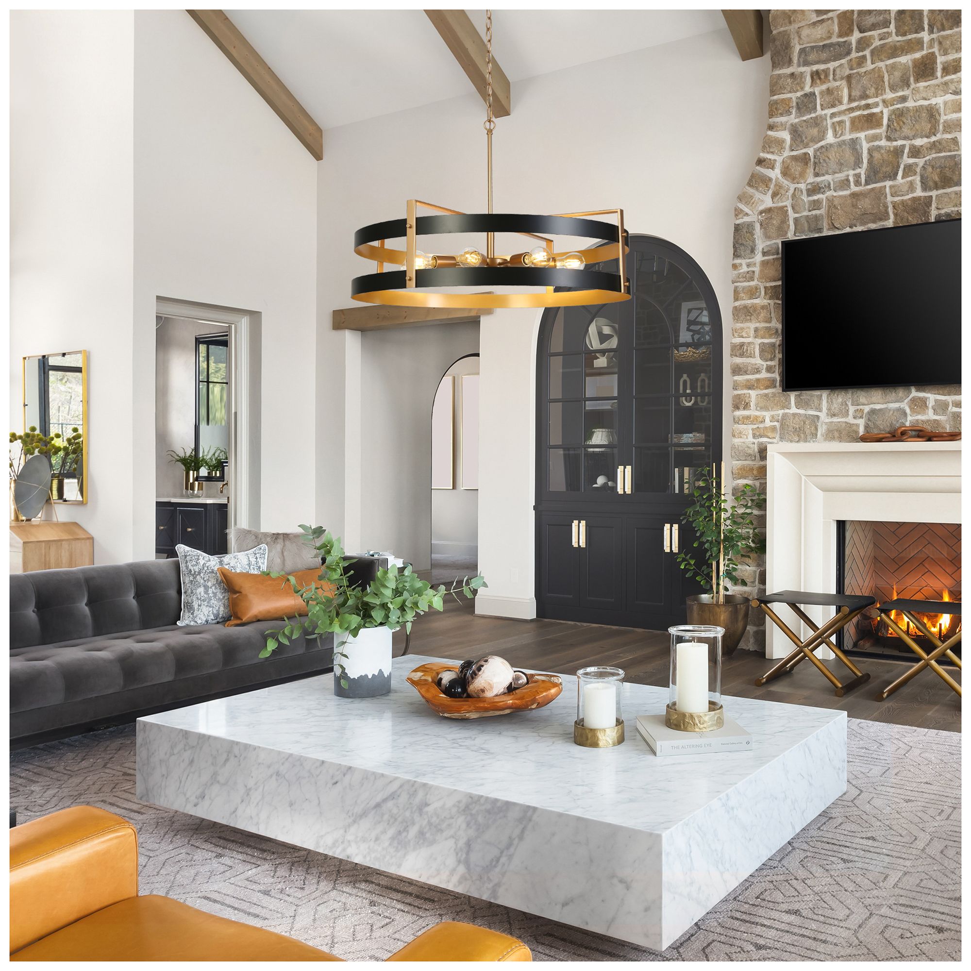 Image 7 8-Light 32.3"W Drum Matt Black and Metallic Gold Chandeliers more views
