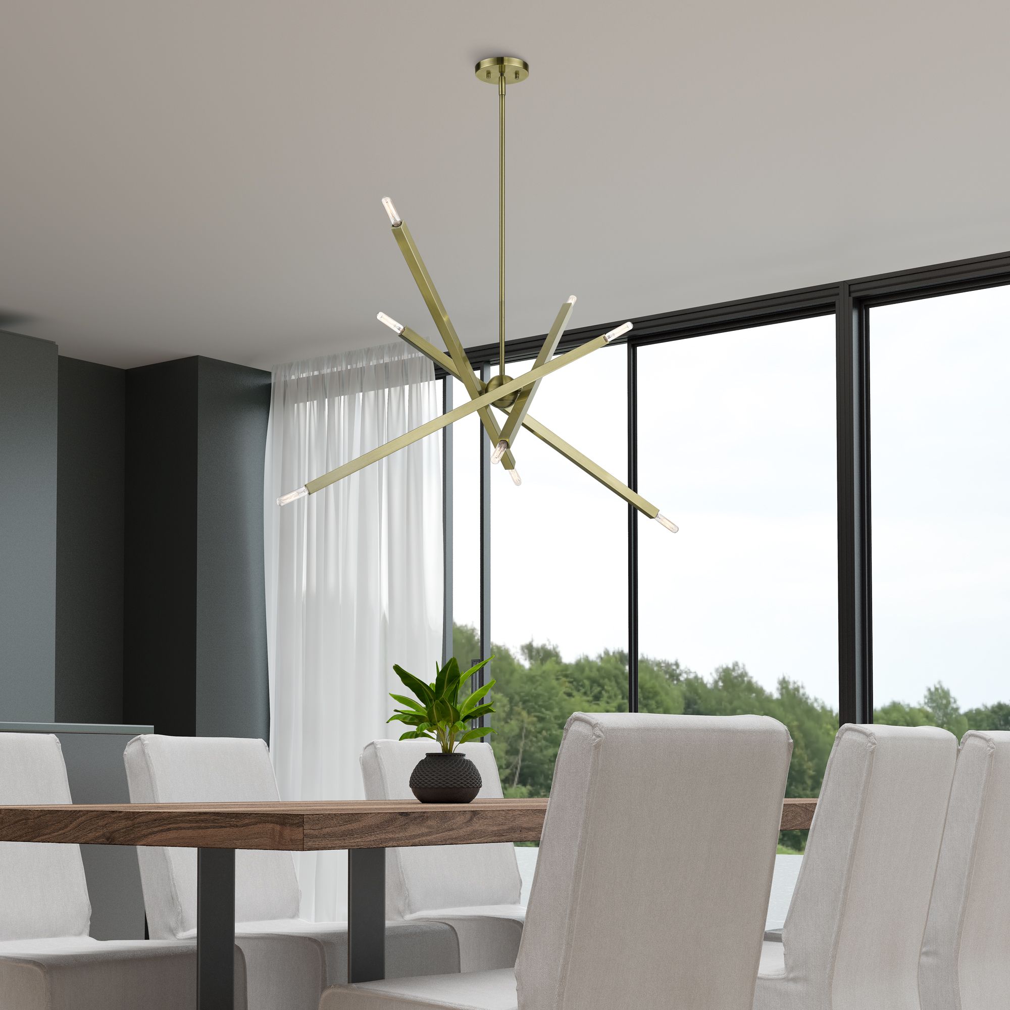 8 Light Antique Brass Large Linear Chandelier