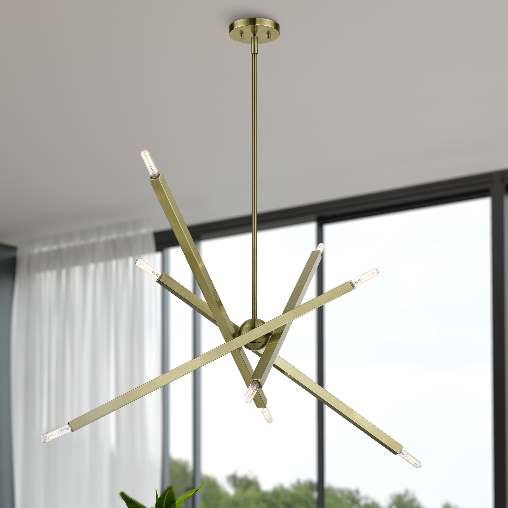 8 Light Antique Brass Large Linear Chandelier