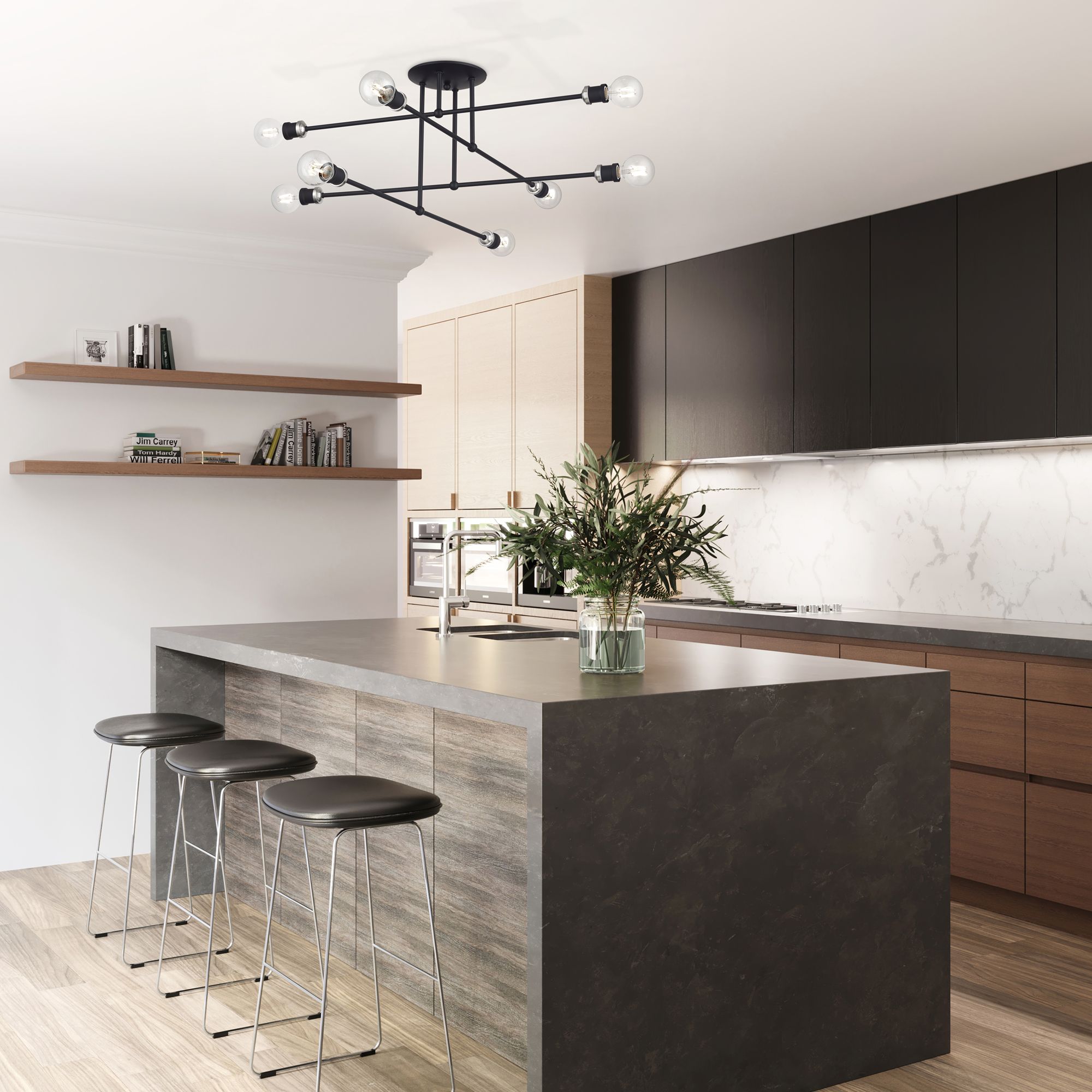 8 Light Black Extra Large Semi-Flush with Brushed Nickel Accents