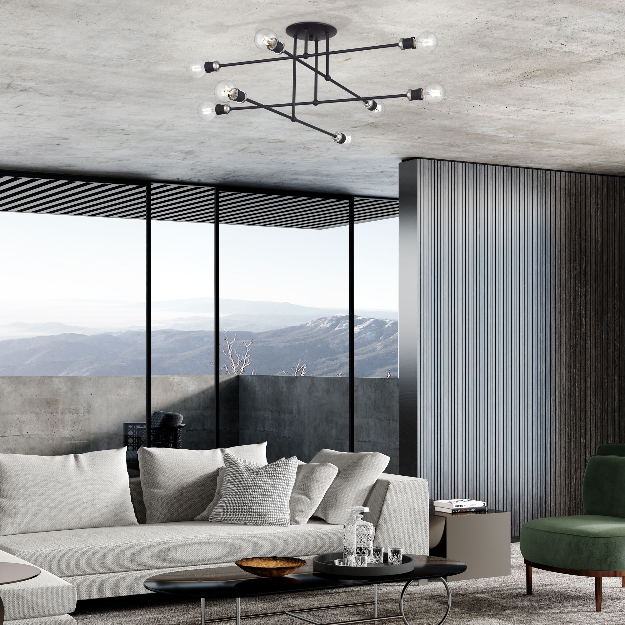 8 Light Black Extra Large Semi-Flush with Brushed Nickel Accents