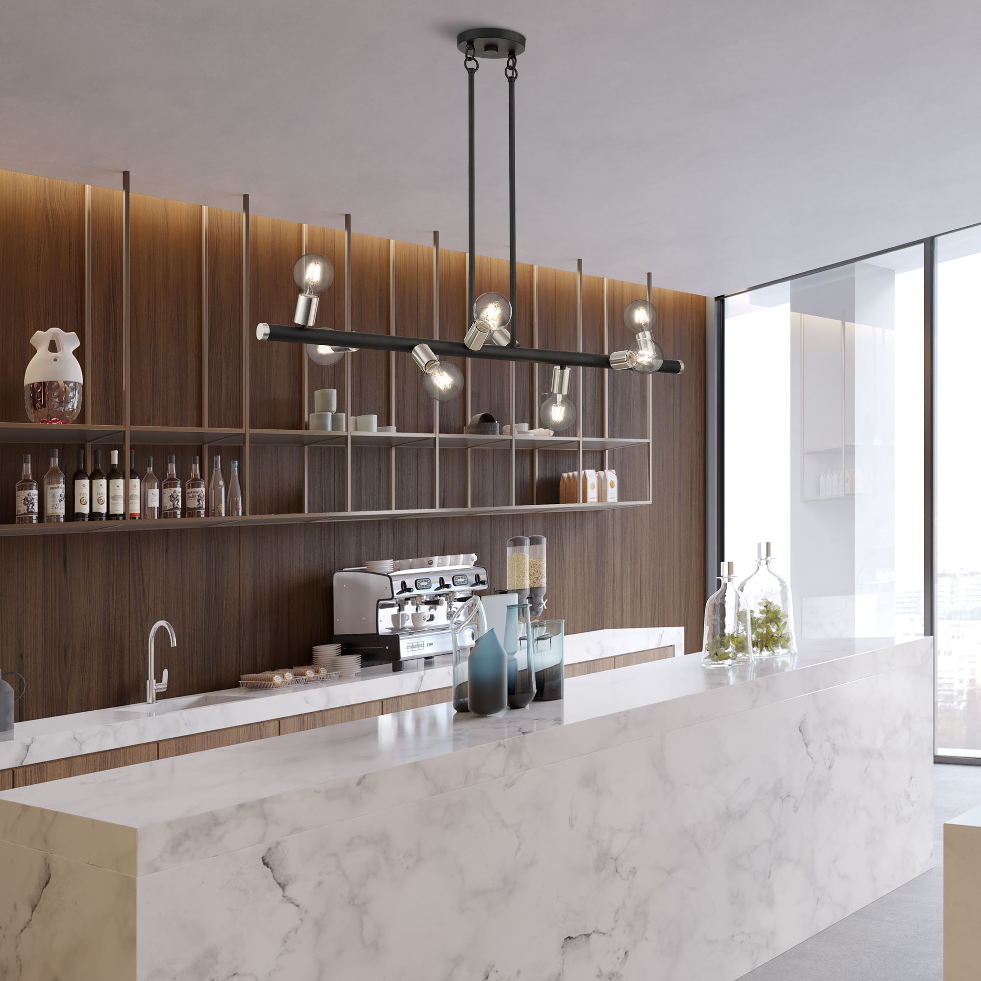 8 Light Black Large Chandelier with Brushed Nickel Accents