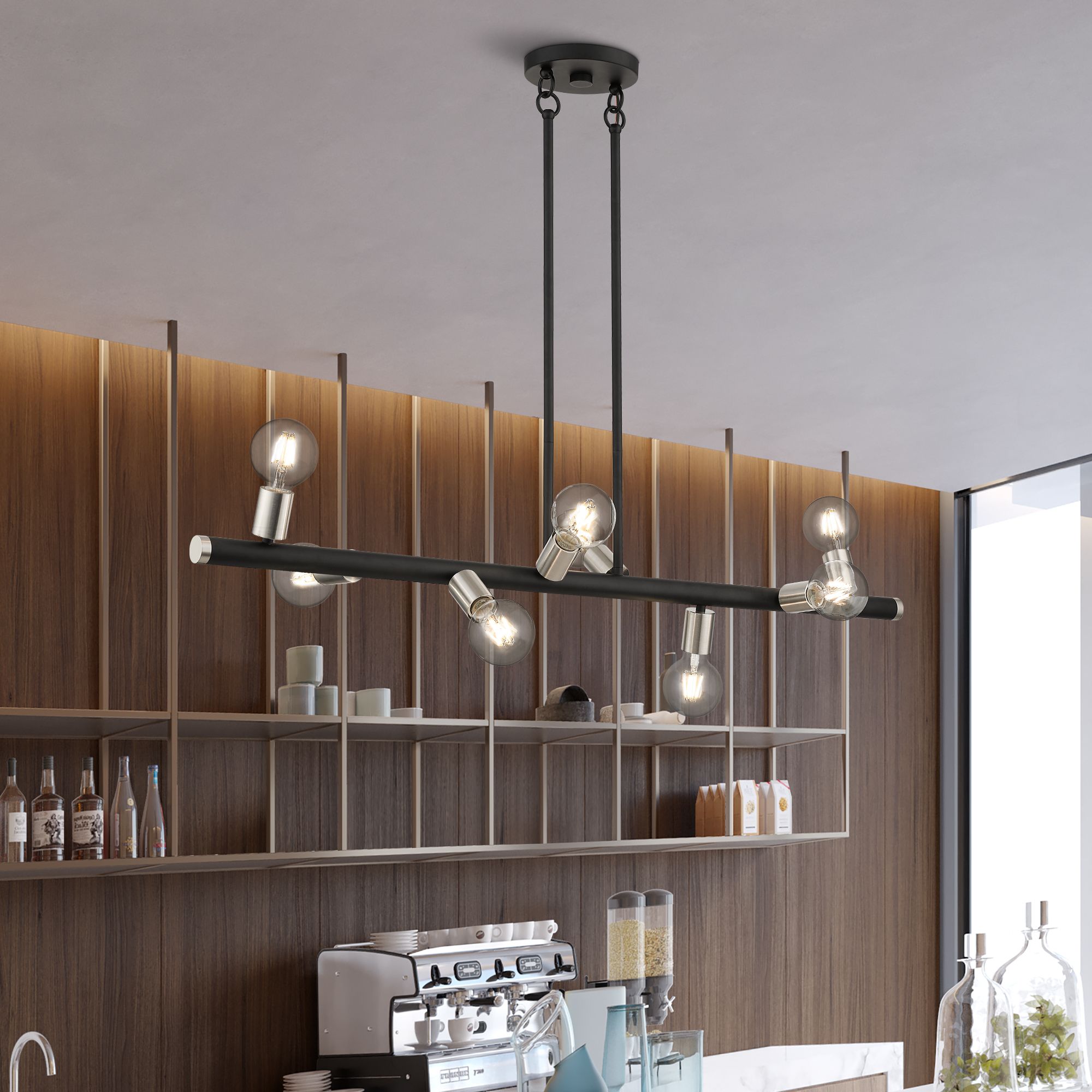 8 Light Black Large Chandelier with Brushed Nickel Accents