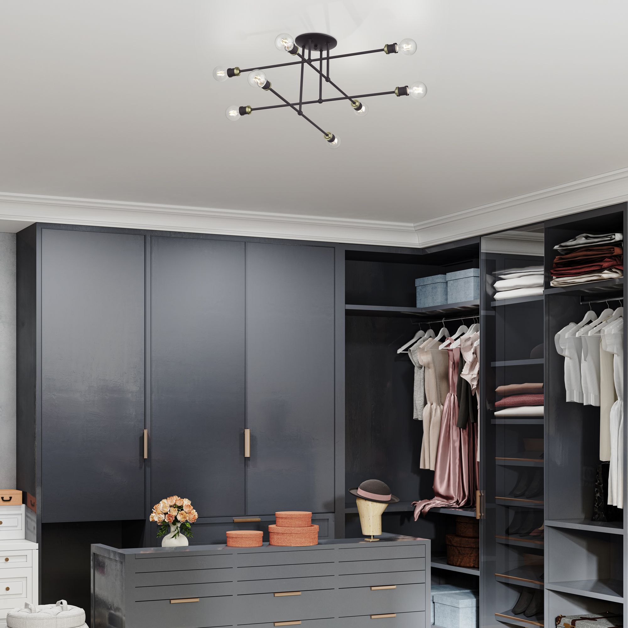 8 Light Bronze Extra Large Semi-Flush with Antique Brass Accents