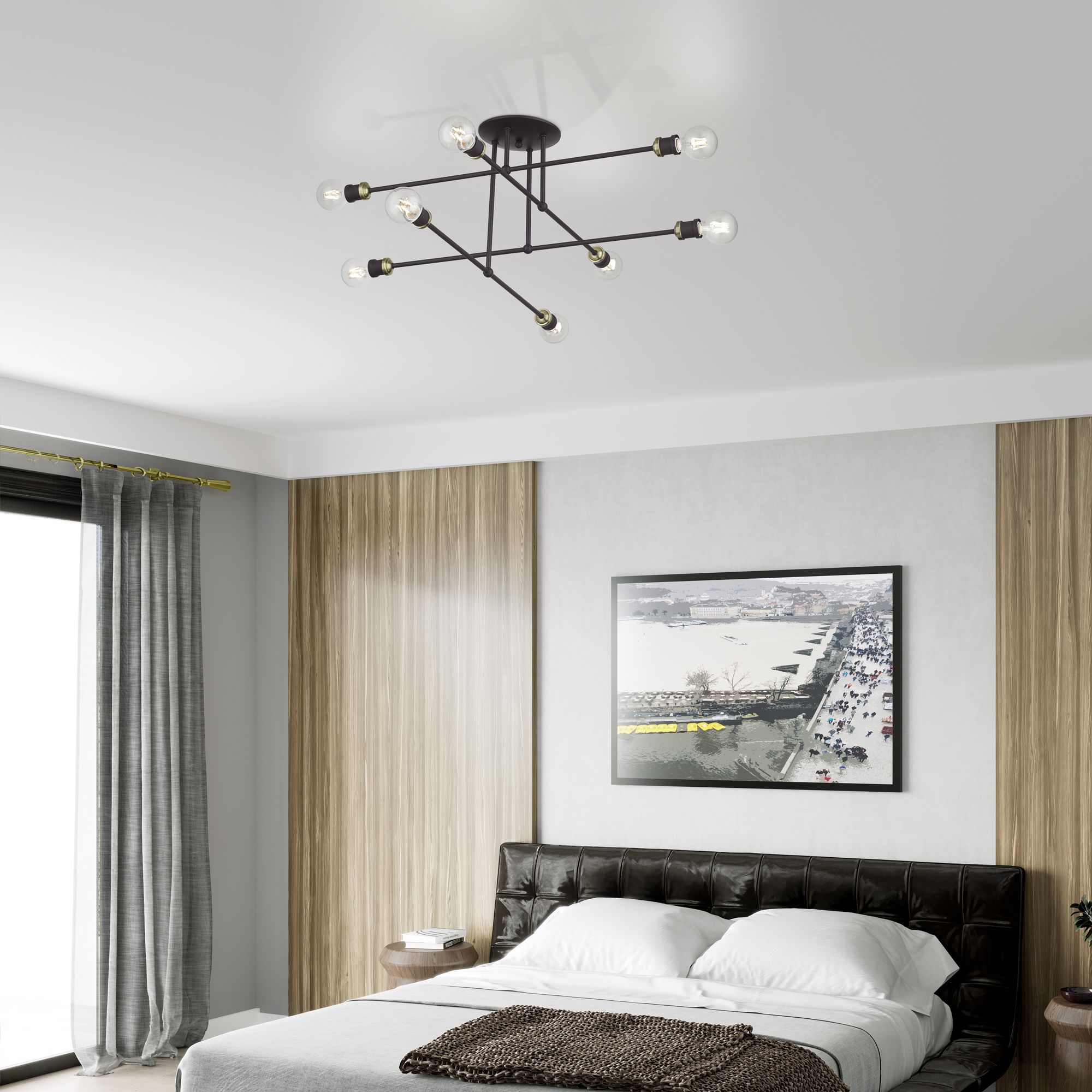 8 Light Bronze Extra Large Semi-Flush with Antique Brass Accents