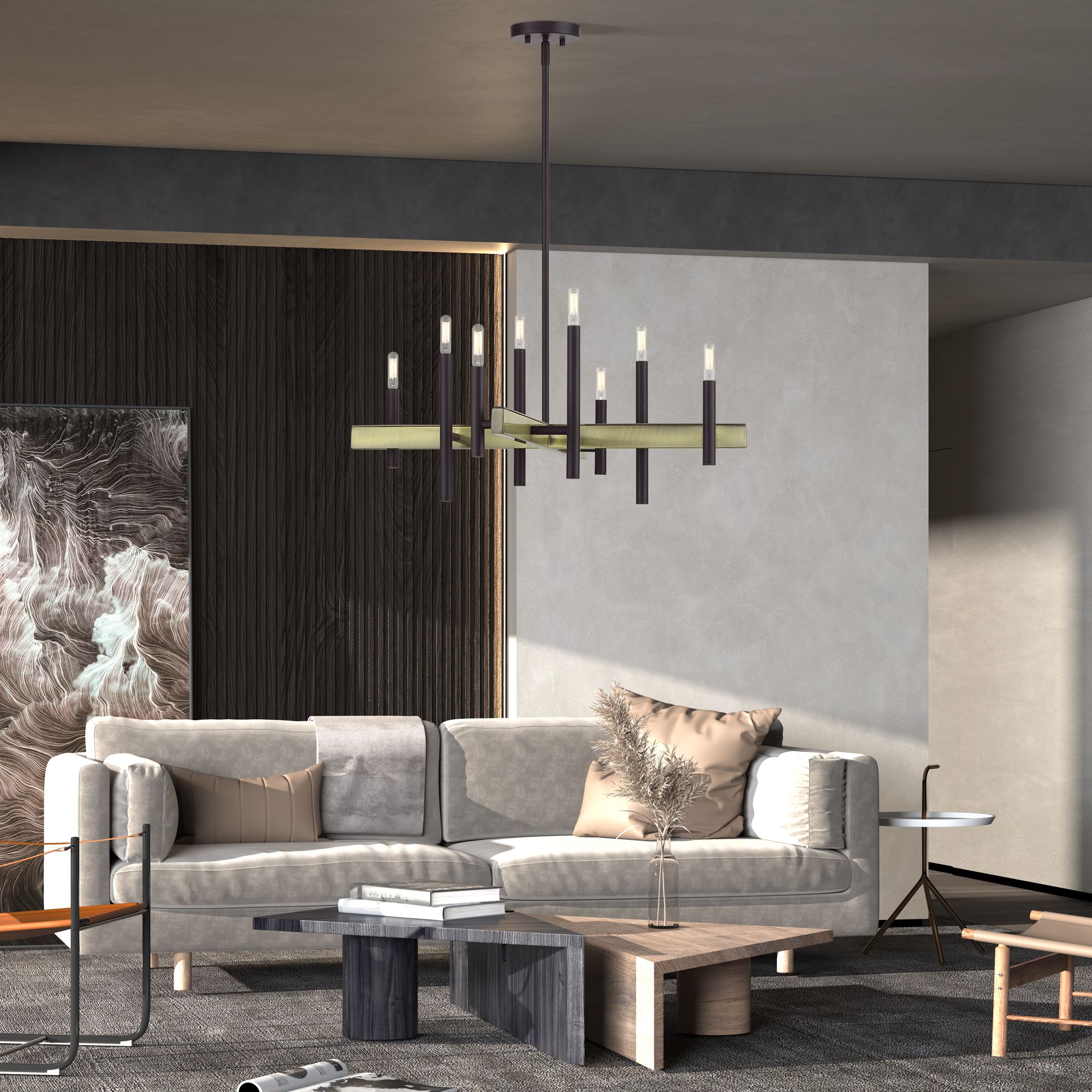 8 Light Bronze Medium Chandelier with Antique Brass Accents