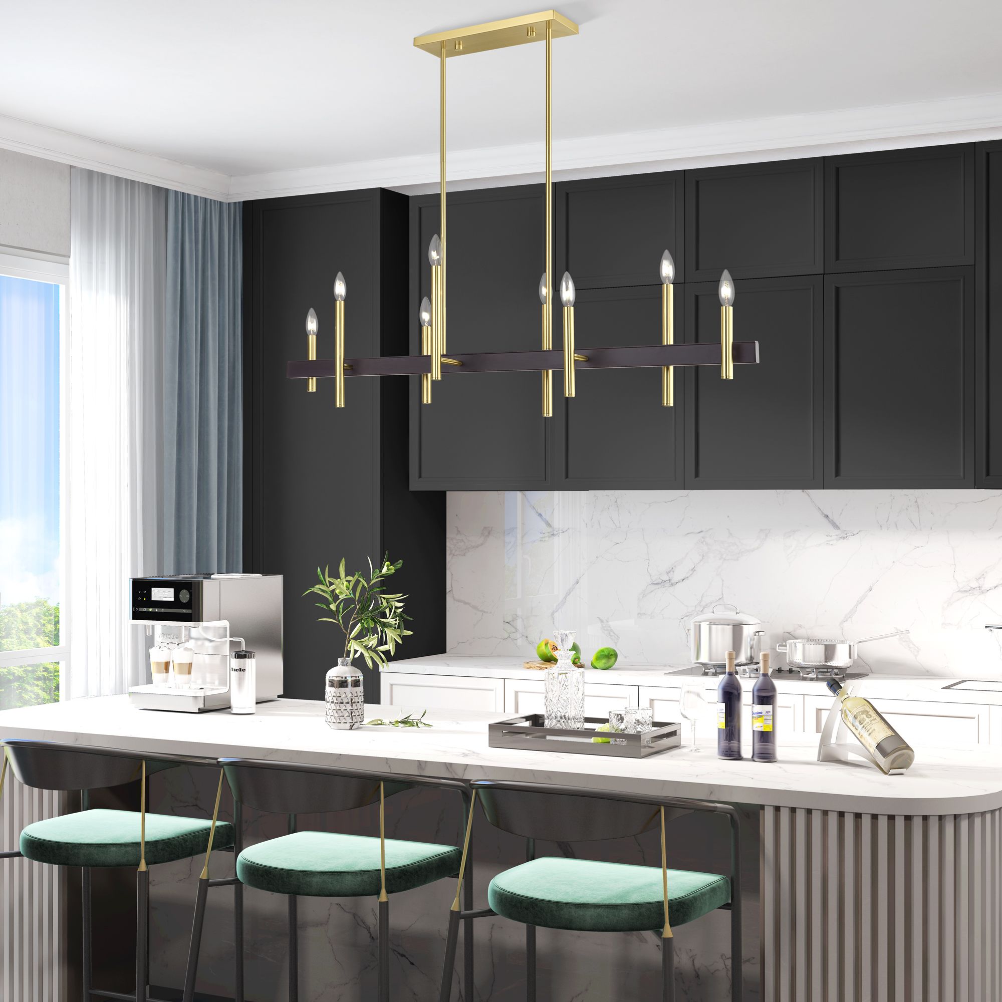 Image 7 8 Light Satin Brass Extra Large Linear Chandelier with Bronze Accents more views