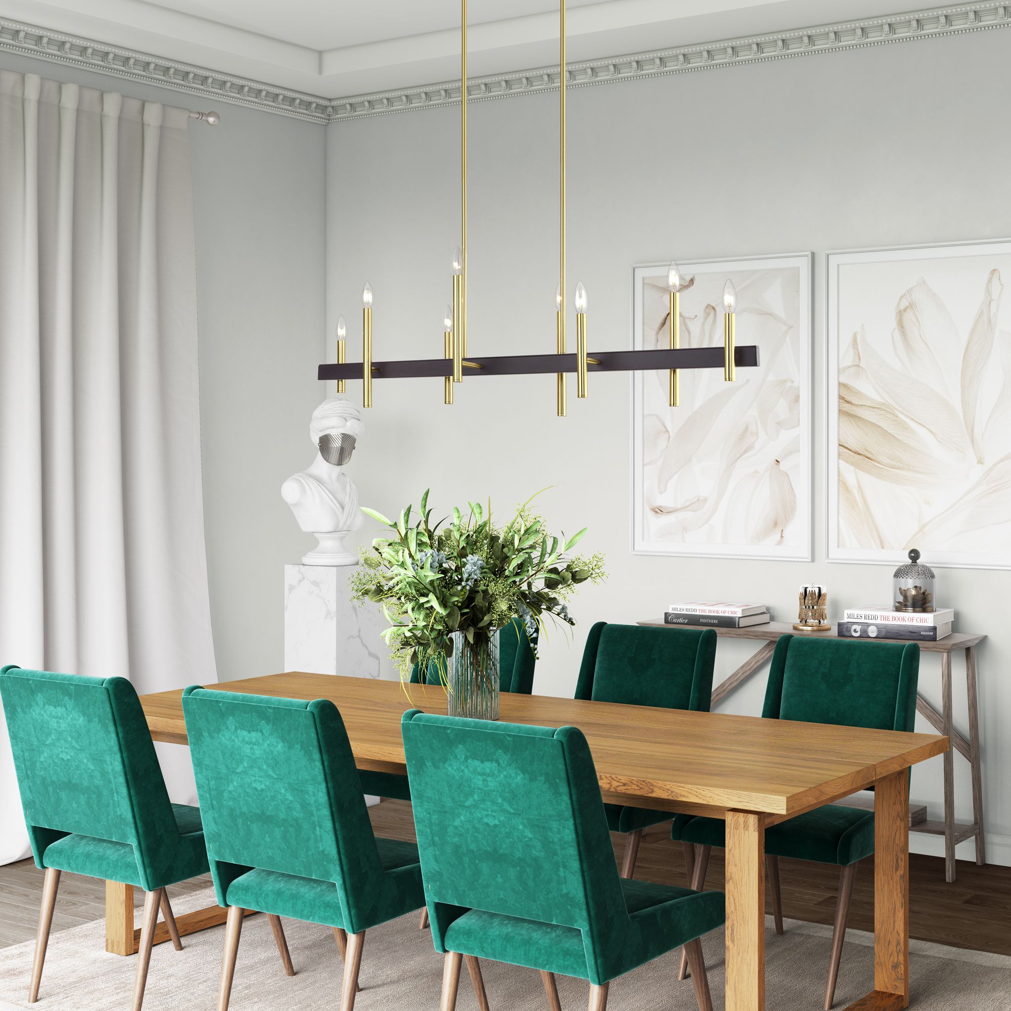 8 Light Satin Brass Extra Large Linear Chandelier with Bronze Accents