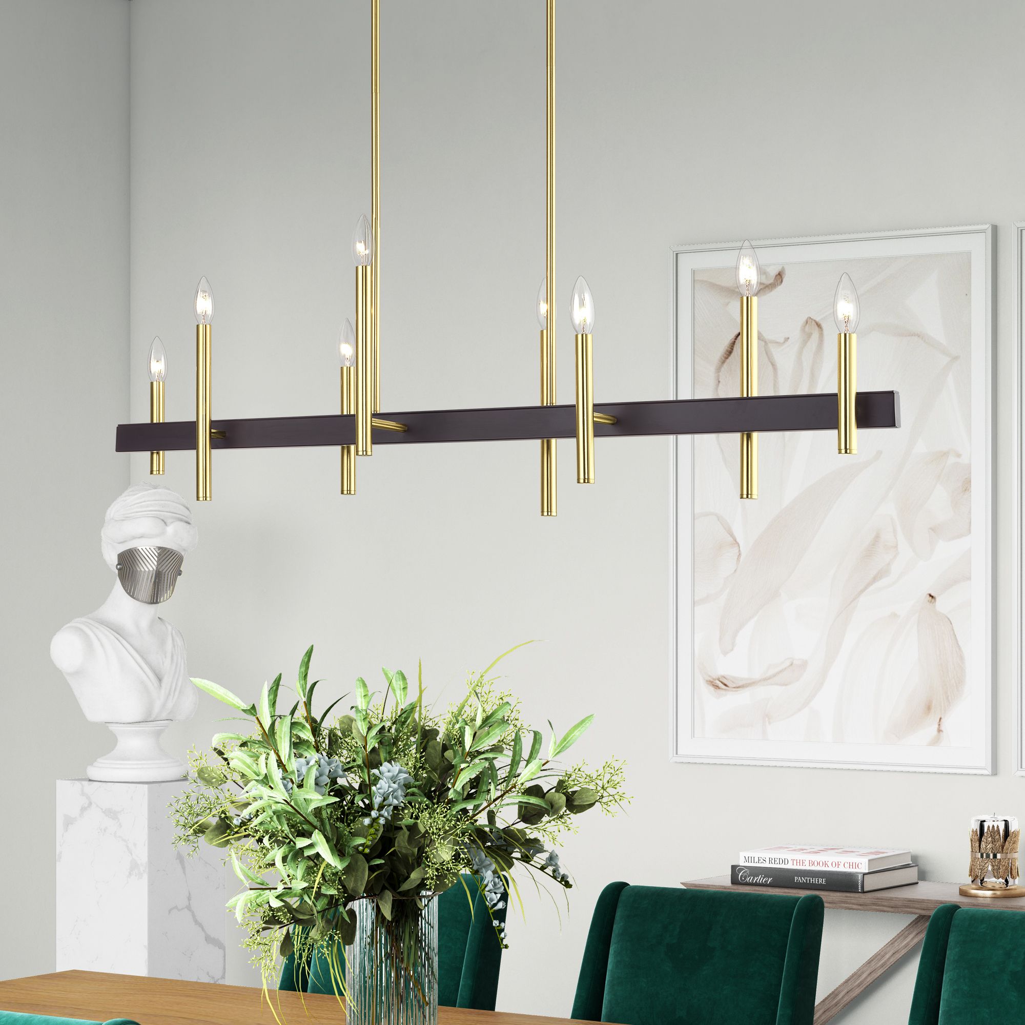 8 Light Satin Brass Extra Large Linear Chandelier with Bronze Accents