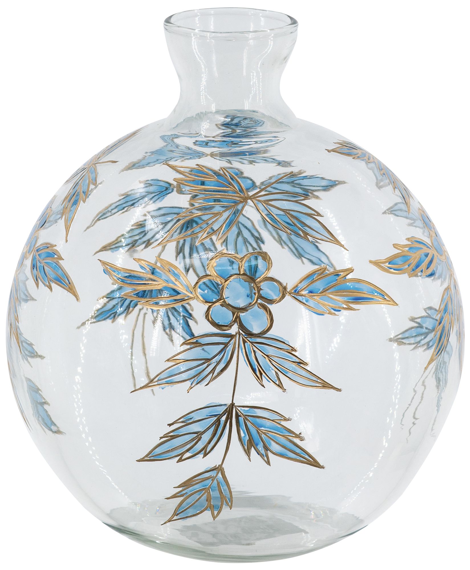 Image 2 8" Round Clear Glass Vase w/ Blue & Gold Botanical Motifs