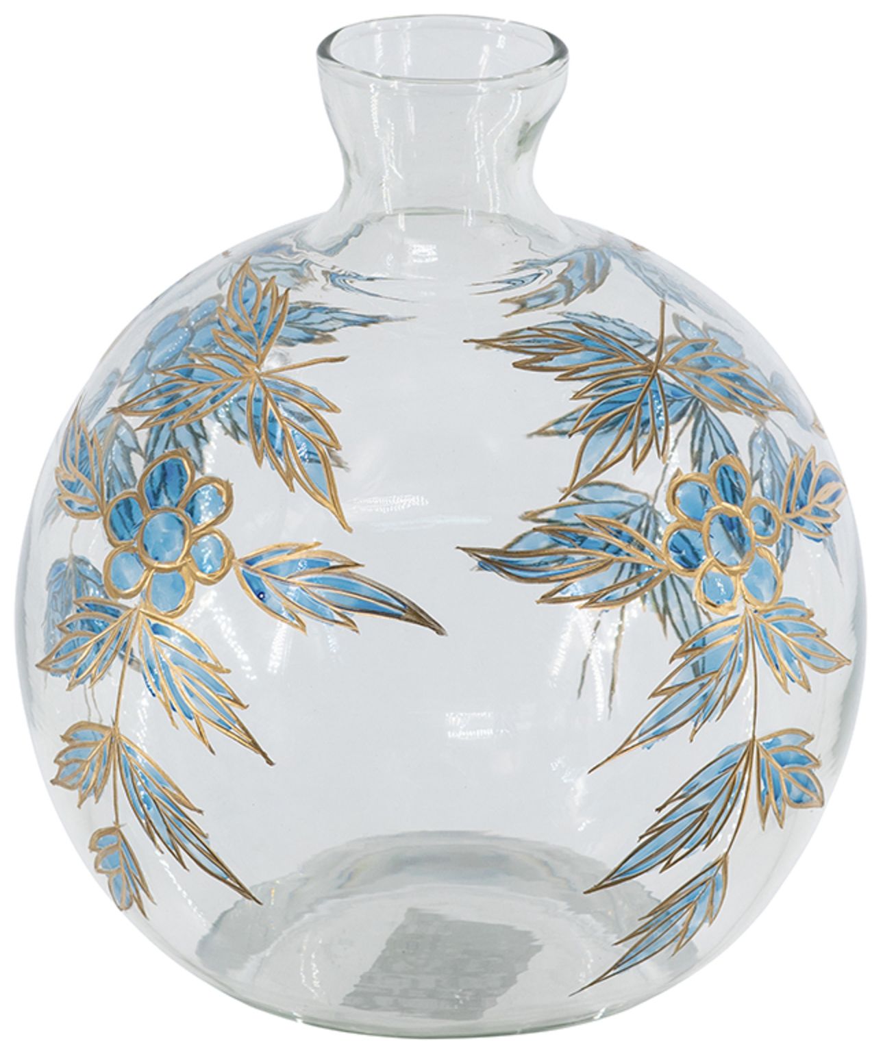 Image 3 8" Round Clear Glass Vase w/ Blue & Gold Botanical Motifs more views