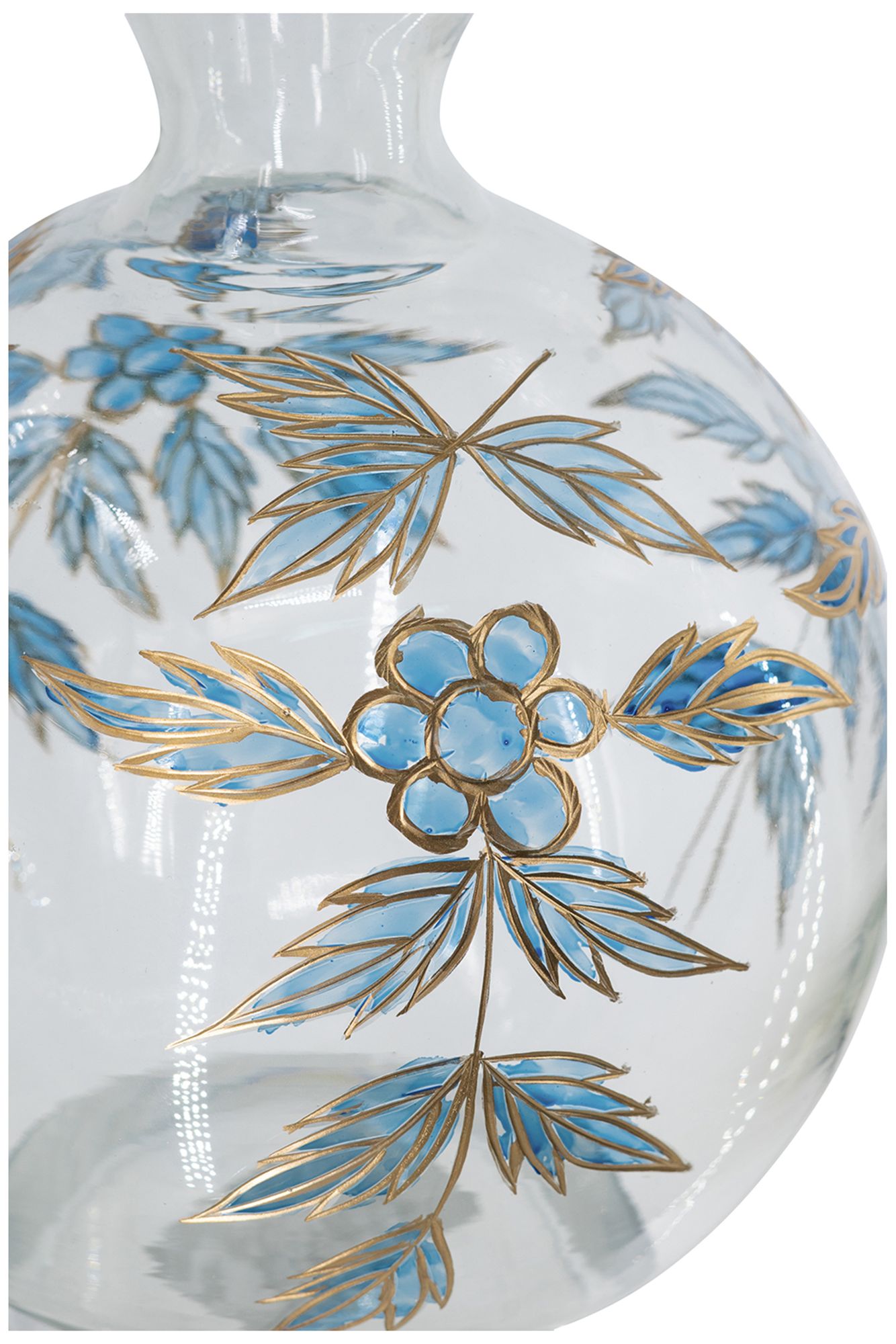 Image 4 8" Round Clear Glass Vase w/ Blue & Gold Botanical Motifs more views
