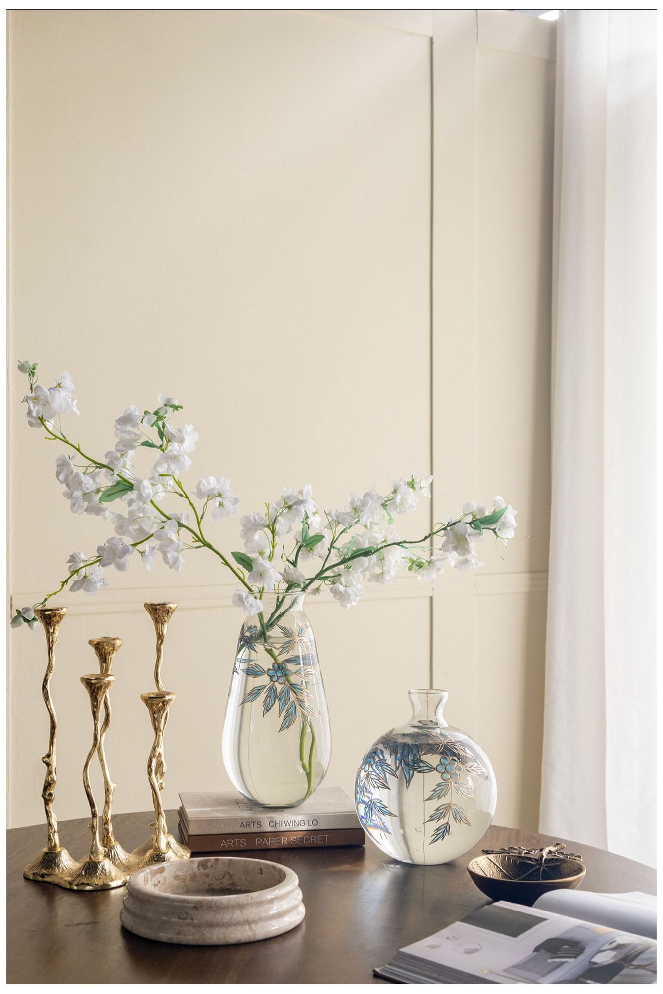 8" Round Clear Glass Vase w/ Blue & Gold Botanical Motifs