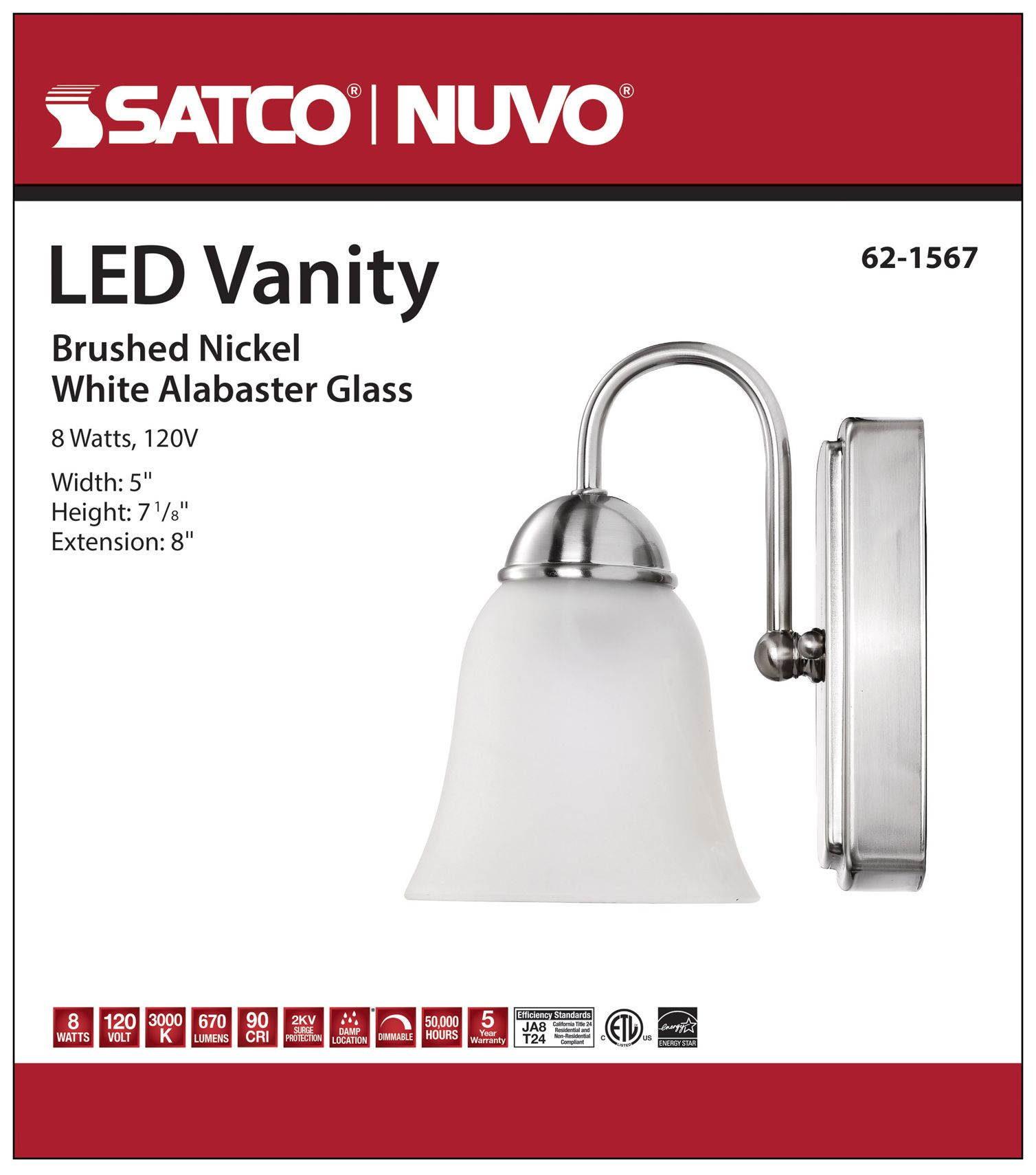 Image 7 8 Watt; LED 1 Light Vanity; 3000K; Brushed Nickel w/ Alabaster Glass more views