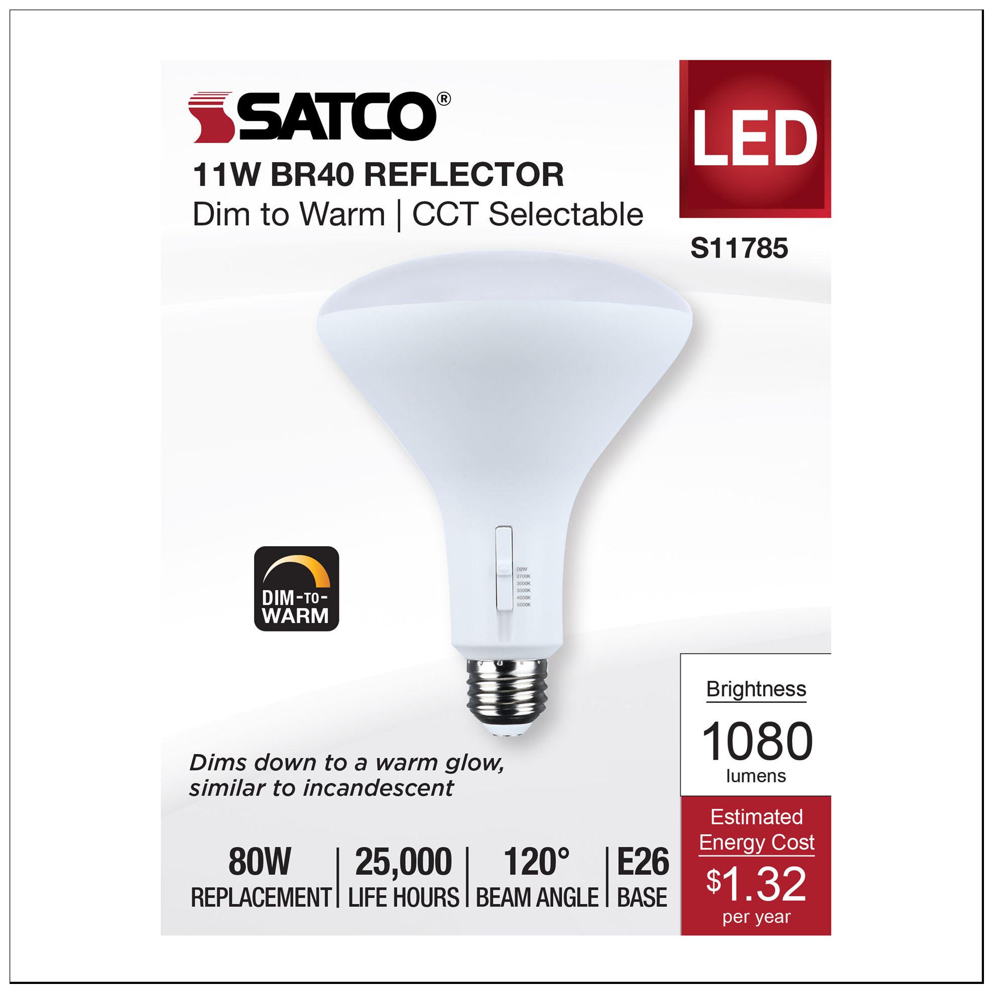 Image 4 80 Watt Equivalent 11W LED Dimmable BR40 Medium Base bulb by Satco more views