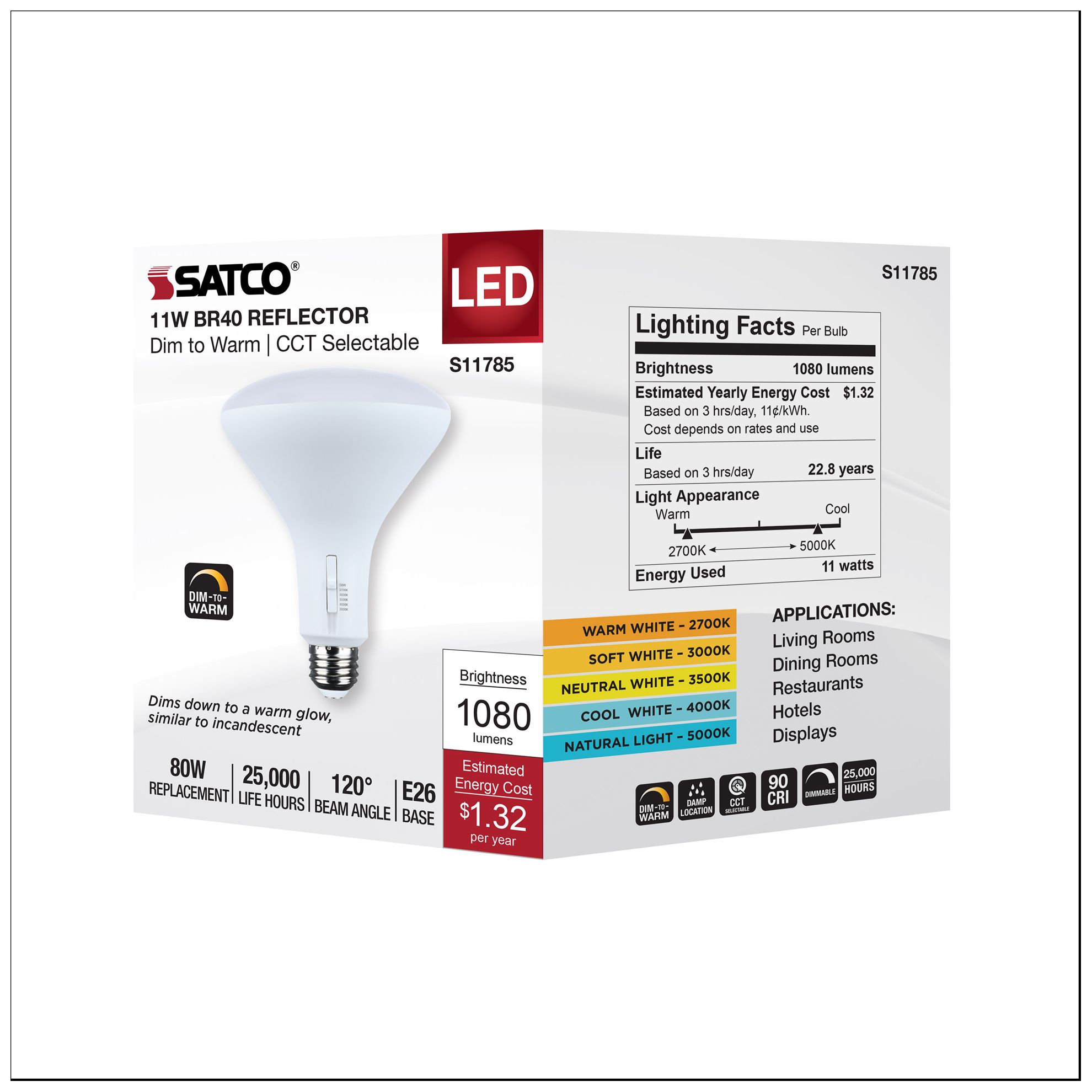 80 Watt Equivalent 11W LED Dimmable BR40 Medium Base bulb by Satco