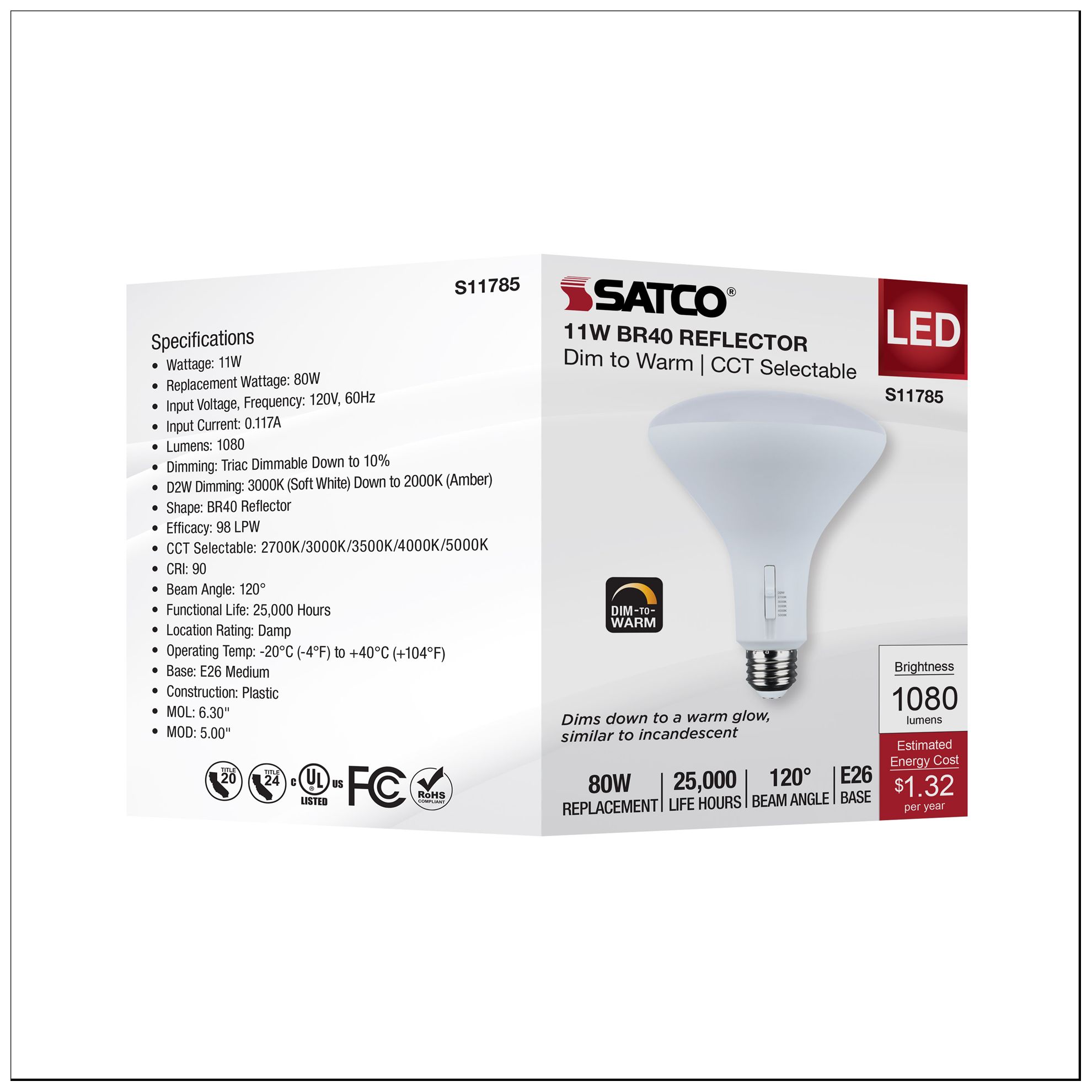 80 Watt Equivalent 11W LED Dimmable BR40 Medium Base bulb by Satco
